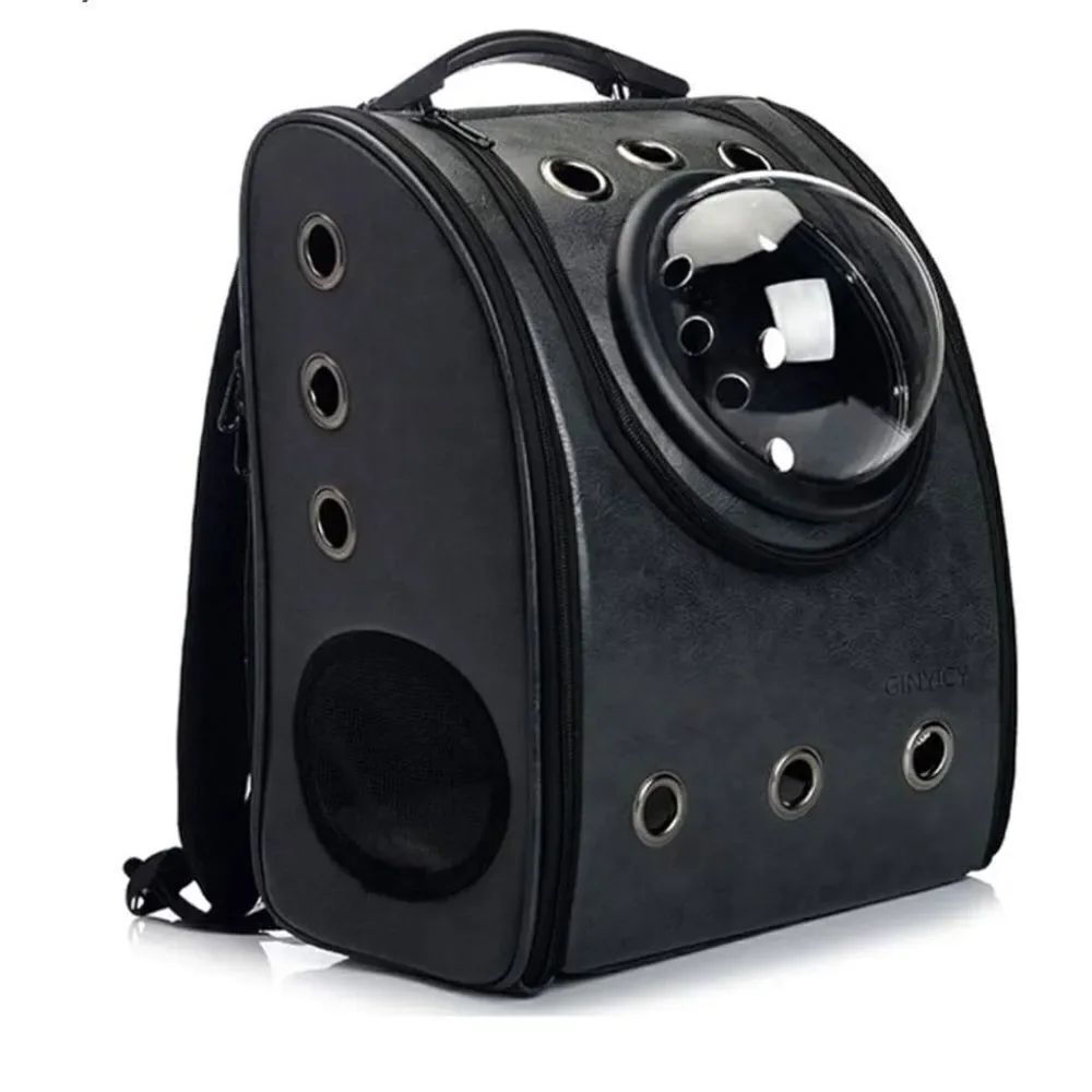 Dark Grey Vegan Leather Pet Carrier Backpack with Bubble Window